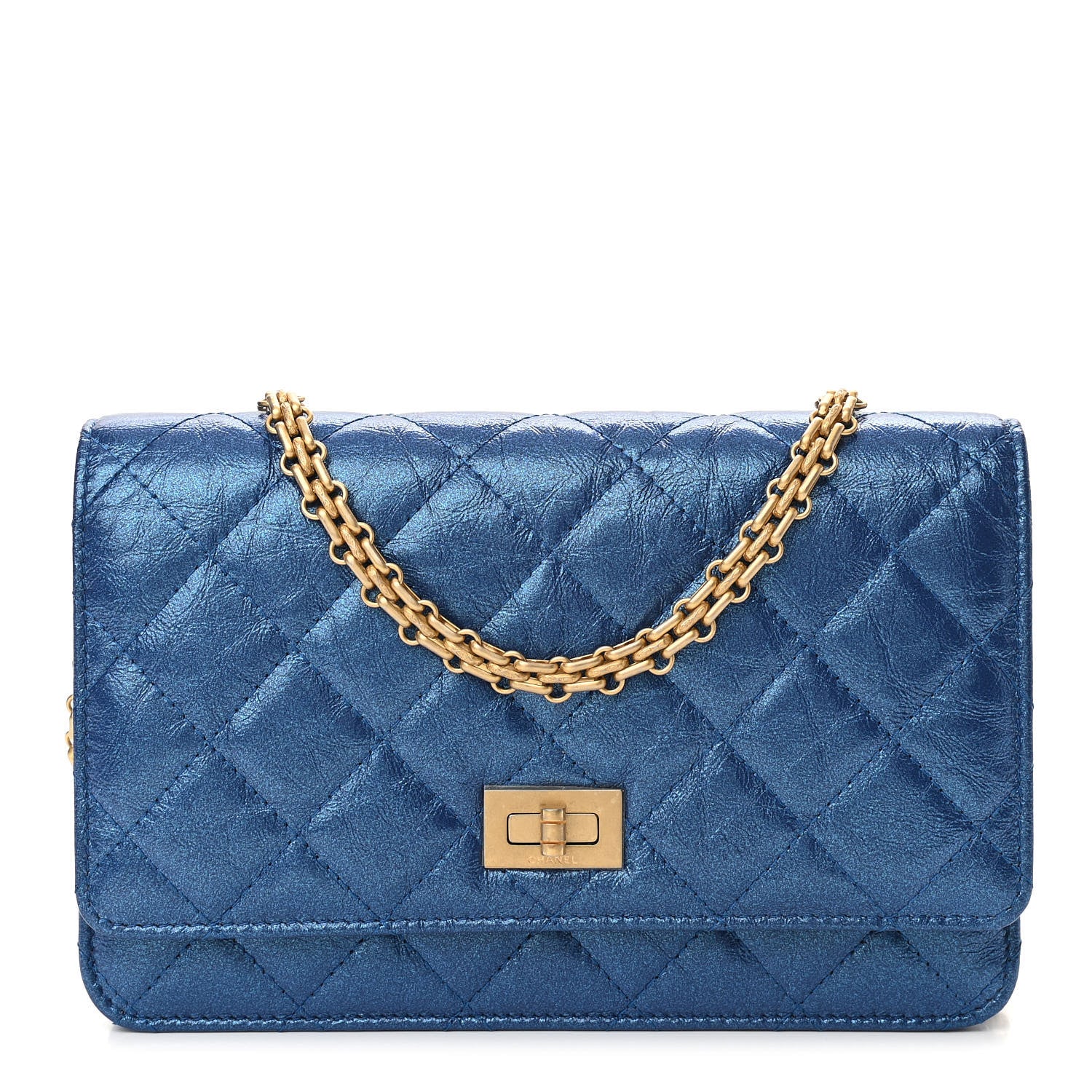 Chanel Metallic Aged Calfskin Quilted 2.55 Reissue Wallet on Chain WOC Blue 1 of 11