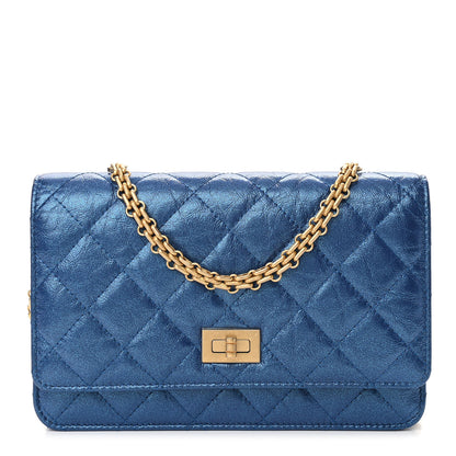 Chanel Metallic Aged Calfskin Quilted 2.55 Reissue Wallet on Chain WOC Blue 1 of 11