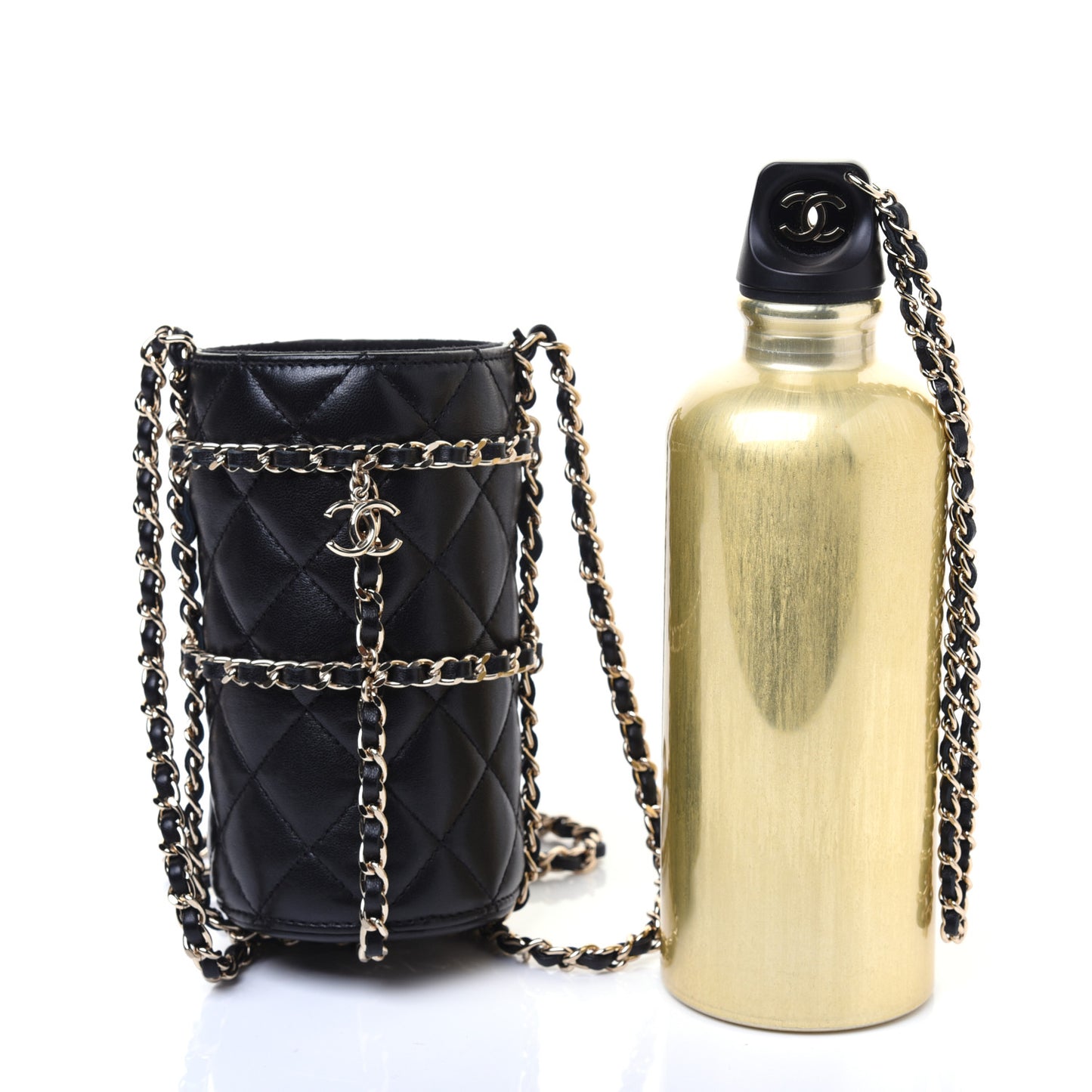 Lambskin Quilted CC To Drink Water Bottle Black Gold