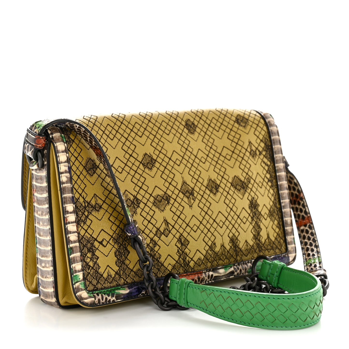 Lambskin Snakeskin Irish Madras Intrecciato Rialto Shoulder Bag Brown Green Multicolor