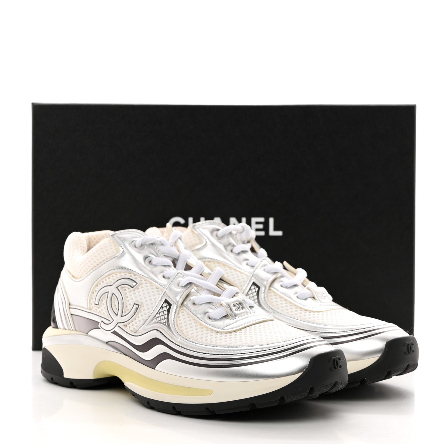 Fabric Laminated Calfskin Stretch CC Womens Sneakers 38.5 White Silver