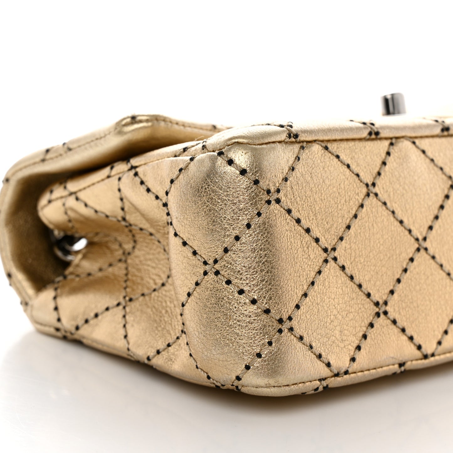 Metallic Lambskin Quilted Mini Side Stitch Rectangular Flap Gold