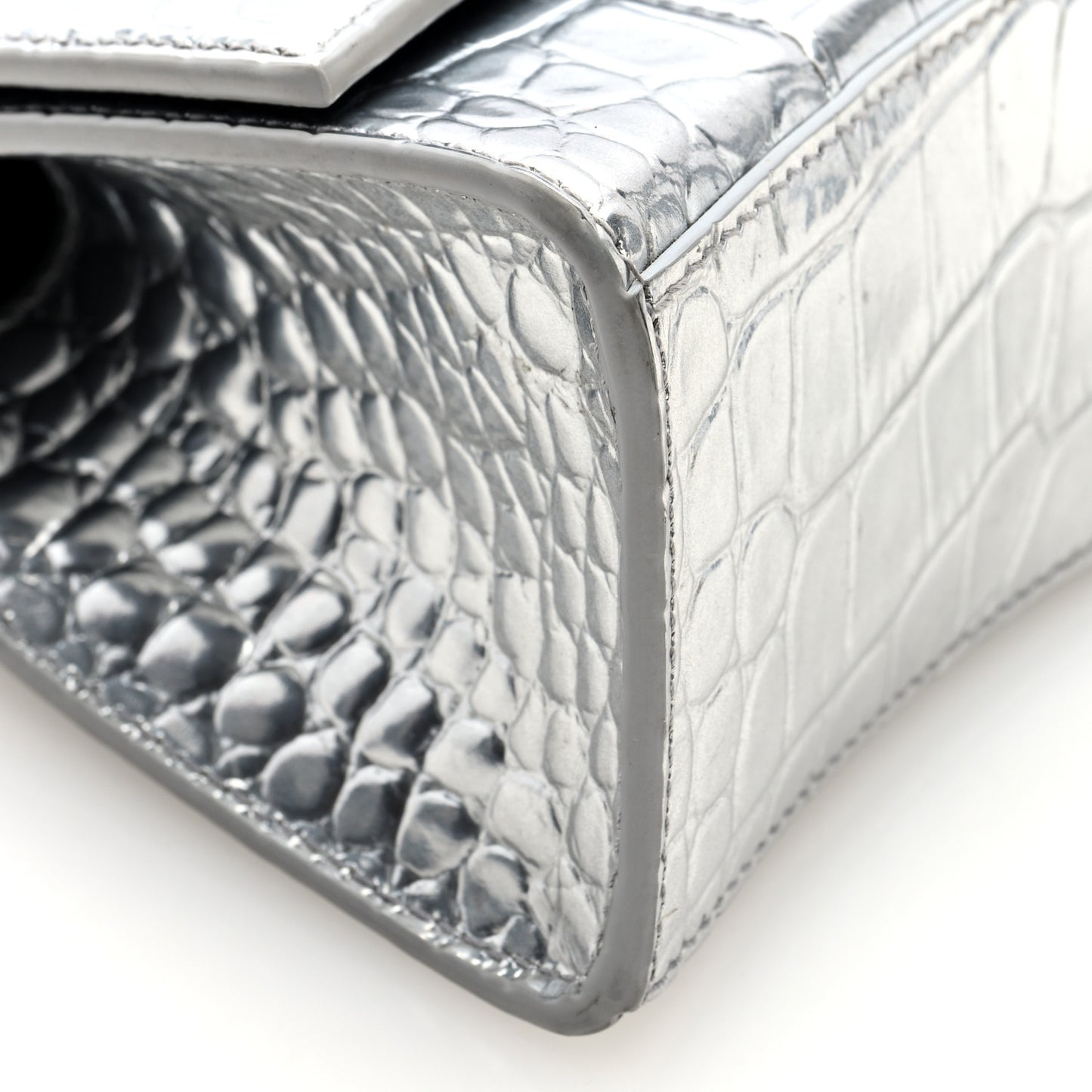 Metallic Calfskin Crocodile Embossed Hourglass Top Handle Bag XS Silver