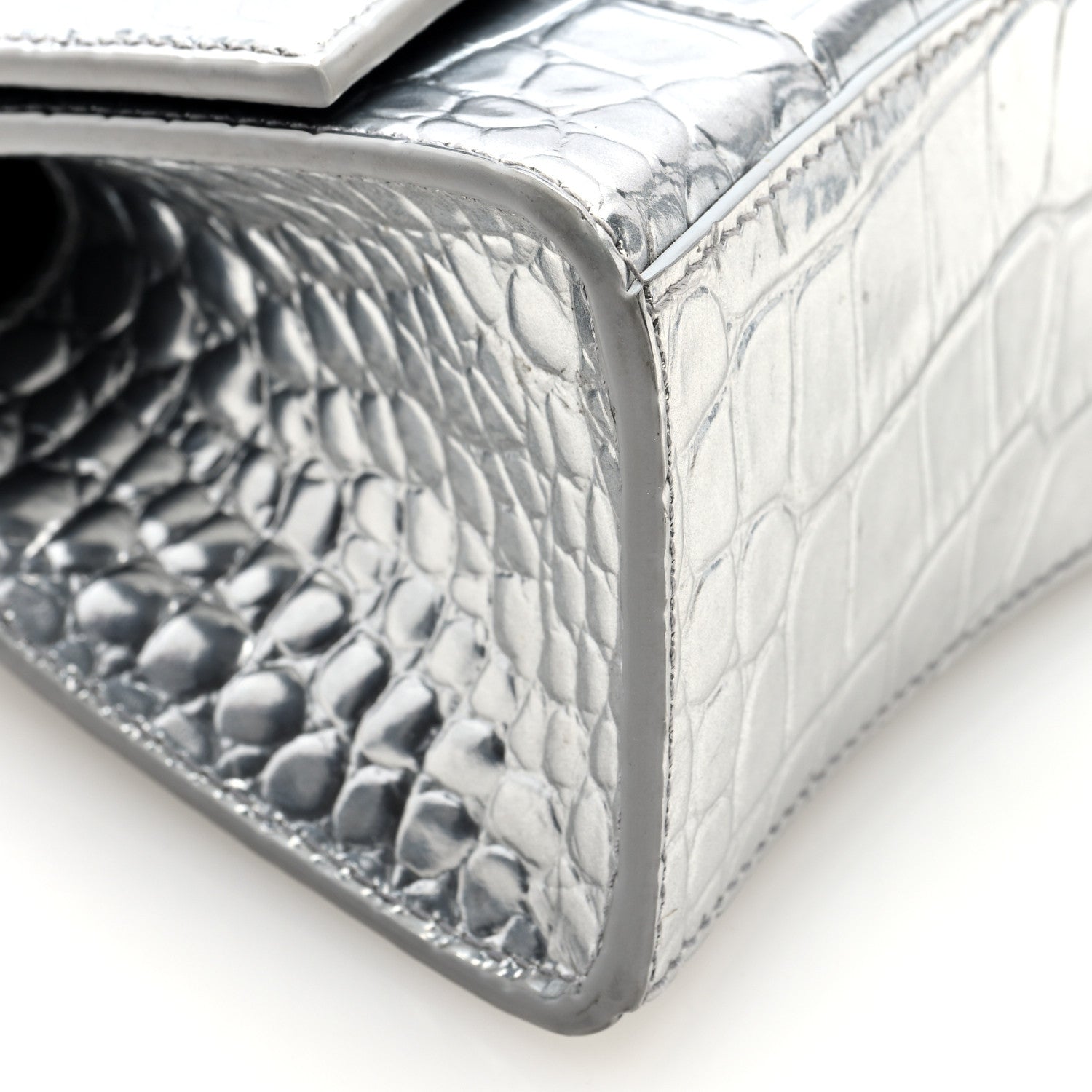 Balenciaga Metallic Calfskin Crocodile Embossed Hourglass Top Handle Bag XS Silver 8 of 9