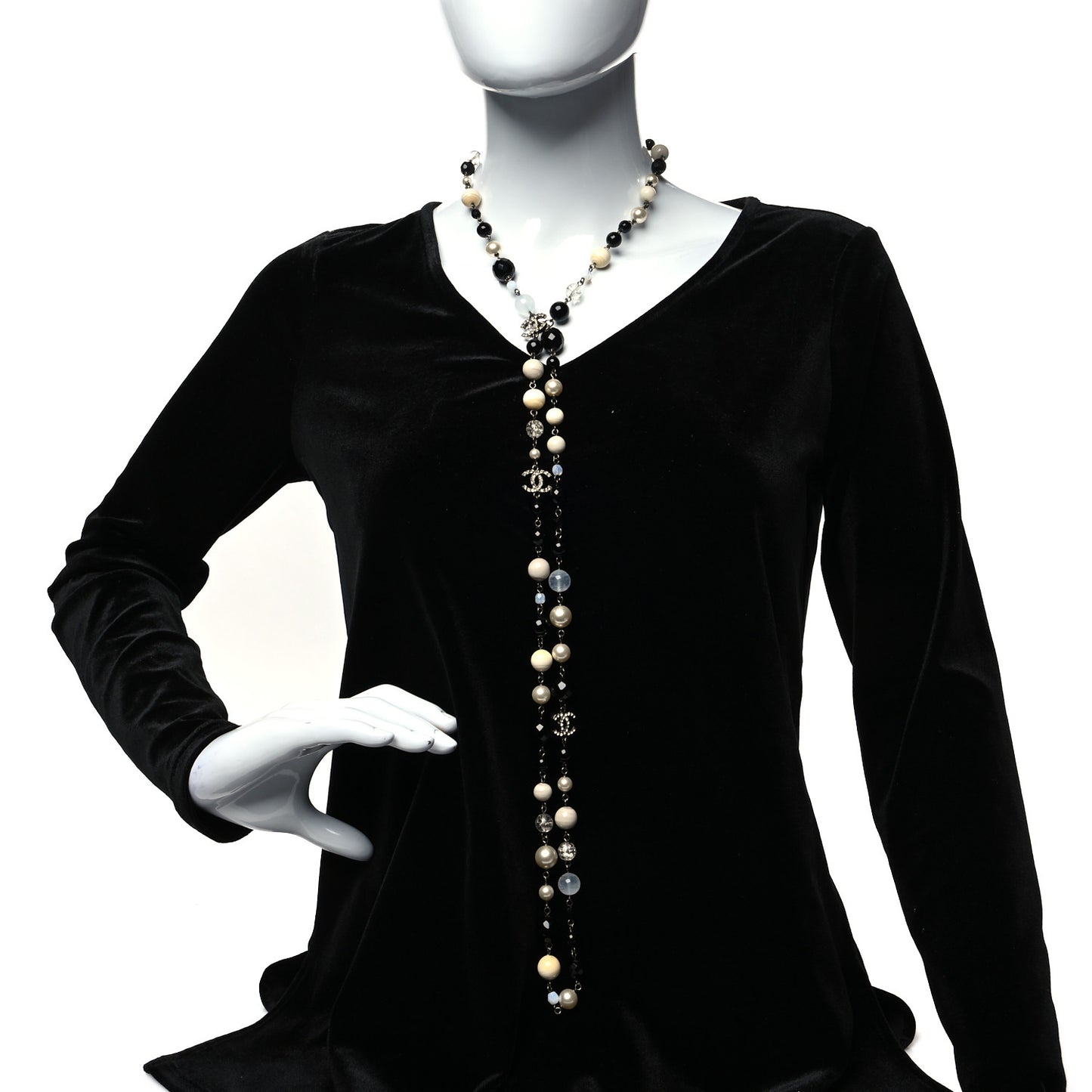 Pearl Beaded Crystal CC Long Necklace Black Silver