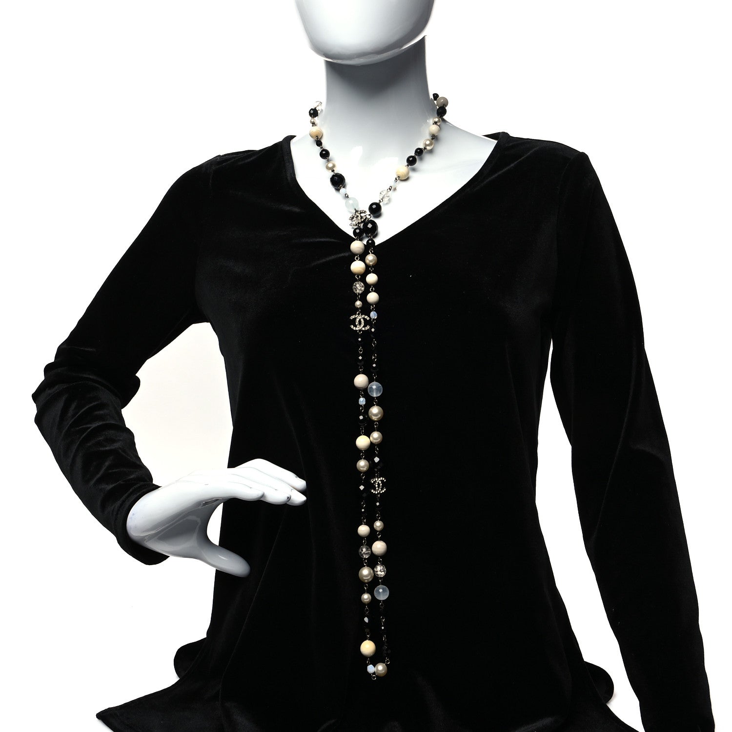 Chanel Pearl Beaded Crystal CC Long Necklace Black Silver 2 of 5
