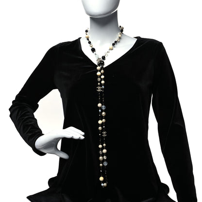 Chanel Pearl Beaded Crystal CC Long Necklace Black Silver 2 of 5