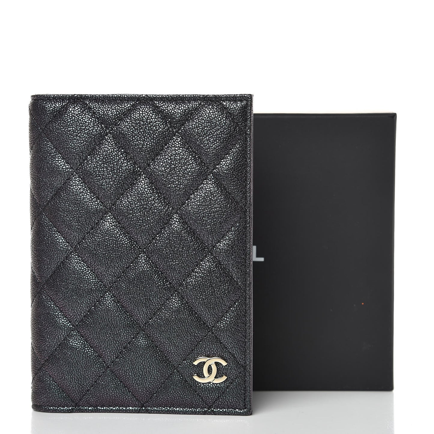 Iridescent Caviar Quilted Passport Holder Black