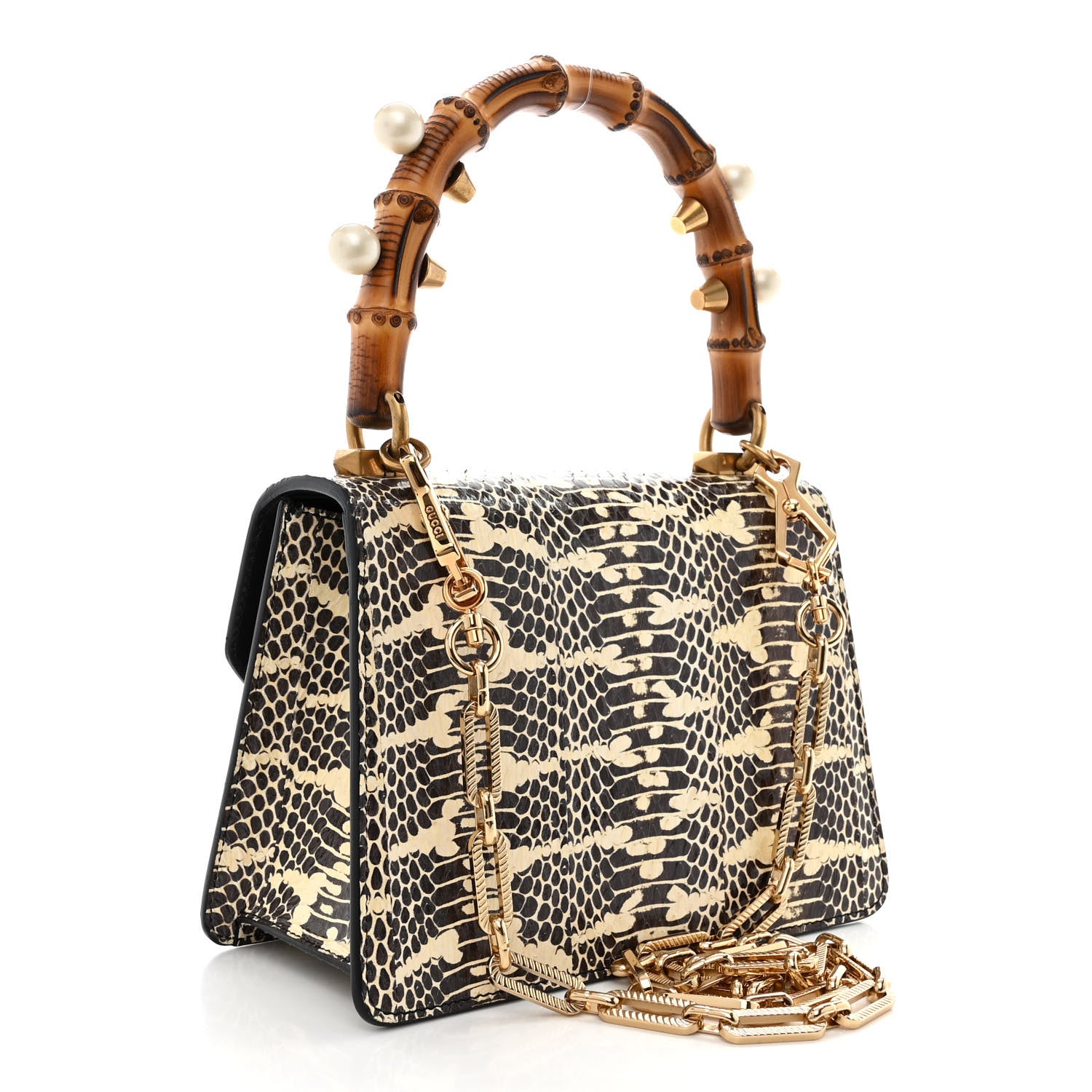 Gucci Snakeskin Pearl Mini Fox Broche Bamboo Top Handle Bag Roccia Hibiscus Red Mystic White 3 of 12