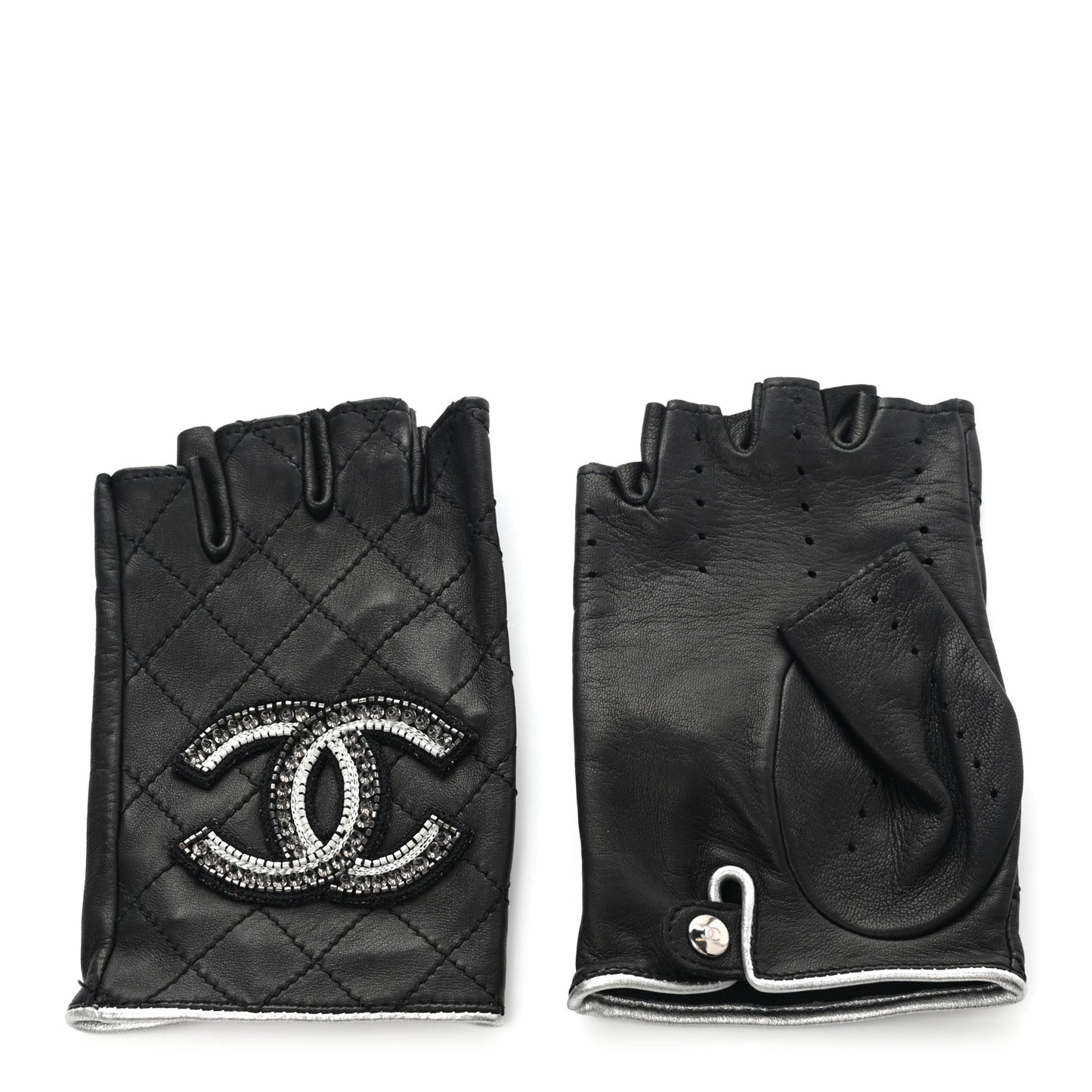Lambskin Stitched Fingerless CC Embellished Gloves 7.5 Black