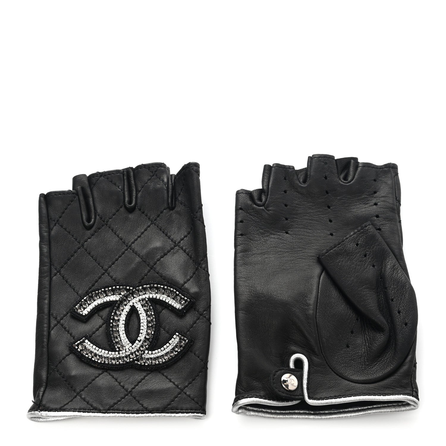 Chanel Lambskin Stitched Fingerless CC Embellished Gloves 7.5 Black 1 of 7