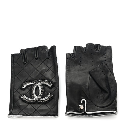 Chanel Lambskin Stitched Fingerless CC Embellished Gloves 7.5 Black 1 of 7