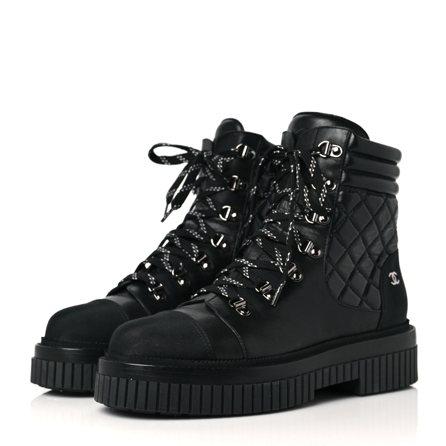Calfskin Grosgrain Quilted Lace Up Boots 40 Black Grey