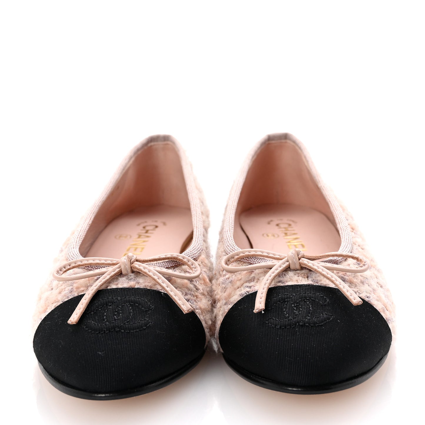 Glittered Tweed Grosgrain Cap Toe CC Ballerina Flats 36.5 Light Pink Beige Ecru Black