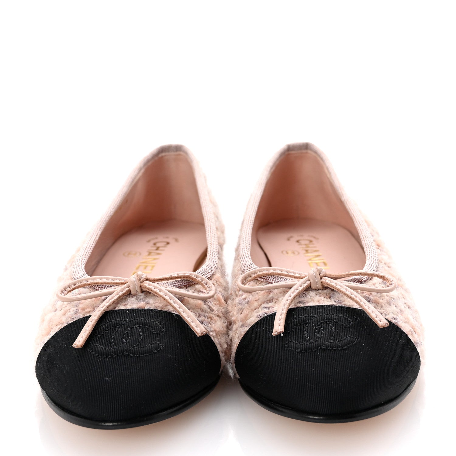 Chanel Glittered Tweed Grosgrain Cap Toe CC Ballerina Flats 36.5 Light Pink Beige Ecru Black 3 of 9