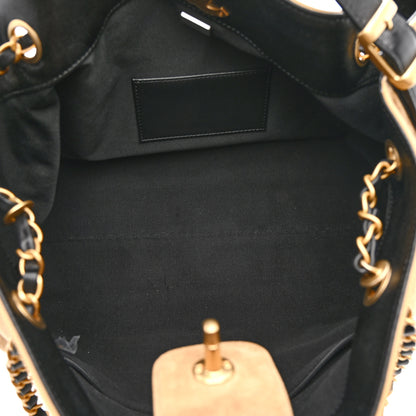 Chanel Suede Calfskin Shiny Lambskin Quilted Small Coco Base Shopping Bag Beige Black 5 of 12