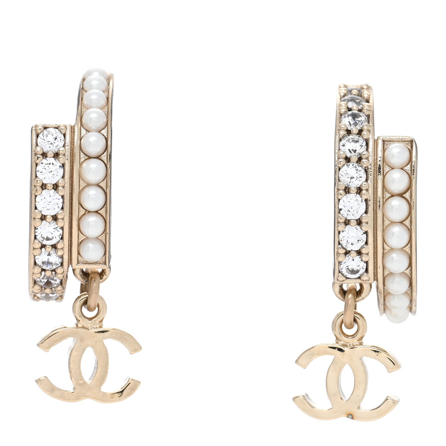 Chanel Crystal Pearl Logo Hoop CC Earrings Gold 1 of 4