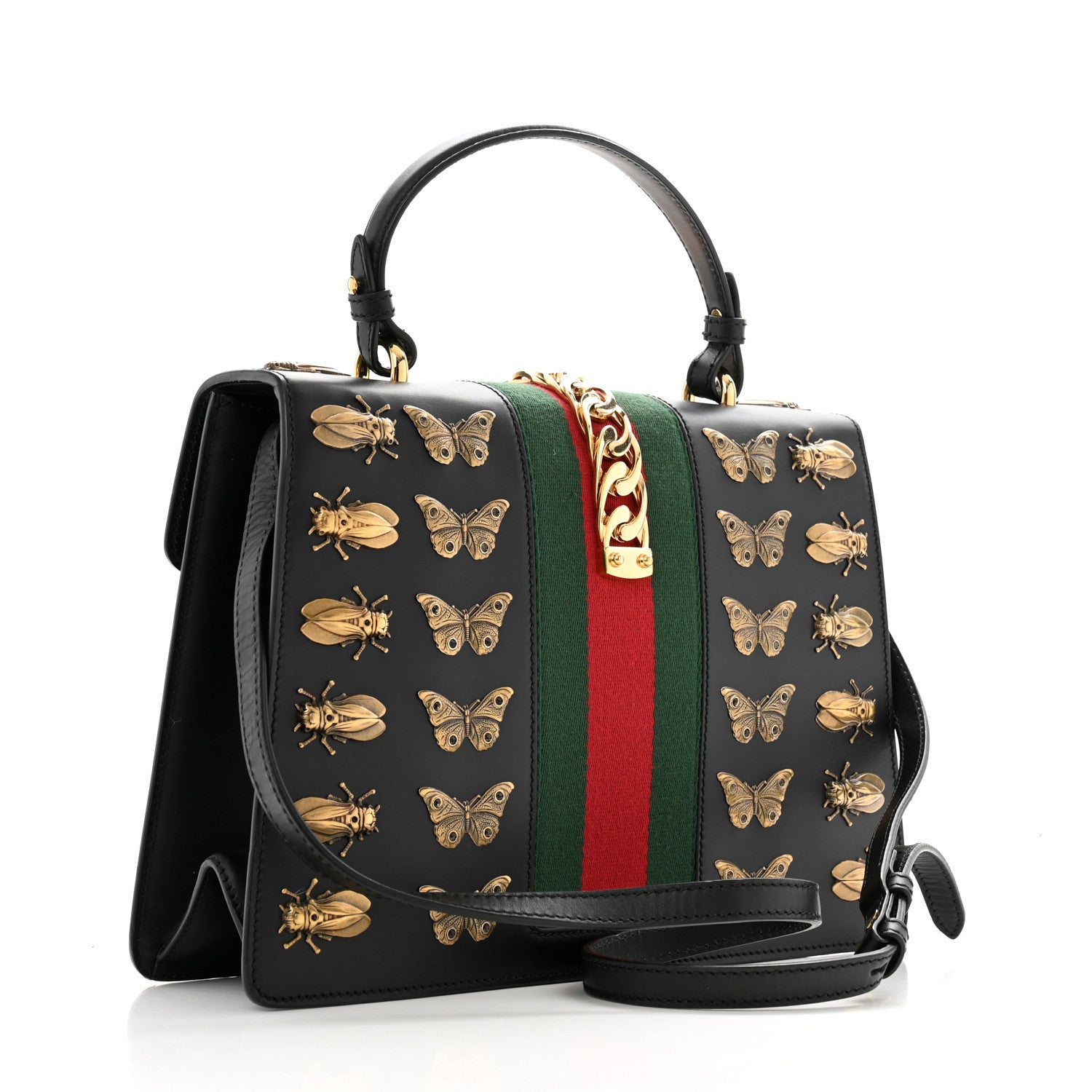 Gucci Calfskin Animal Studs Medium Sylvie Top Handle Bag Black 3 of 14