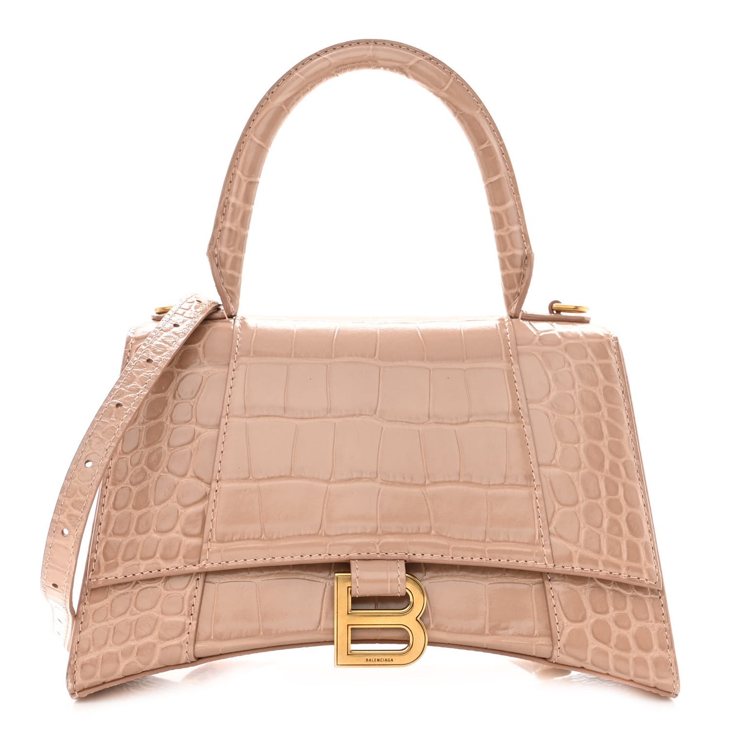 Shiny Calfskin Crocodile Embossed Small Hourglass Top Handle Bag Nude Beige