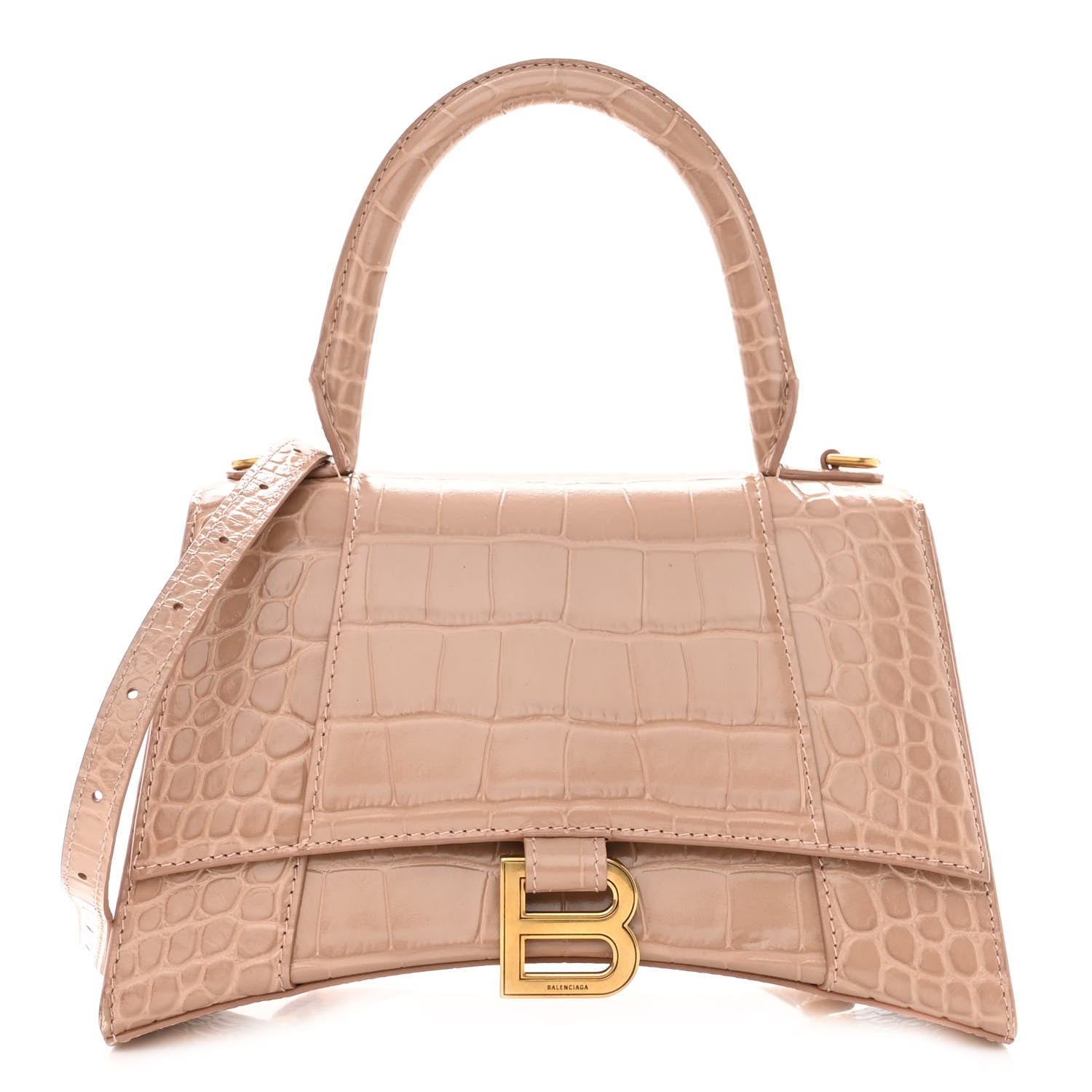 Balenciaga Shiny Calfskin Crocodile Embossed Small Hourglass Top Handle Bag Nude Beige 1 of 9