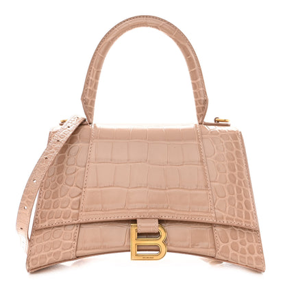 Balenciaga Shiny Calfskin Crocodile Embossed Small Hourglass Top Handle Bag Nude Beige 1 of 9