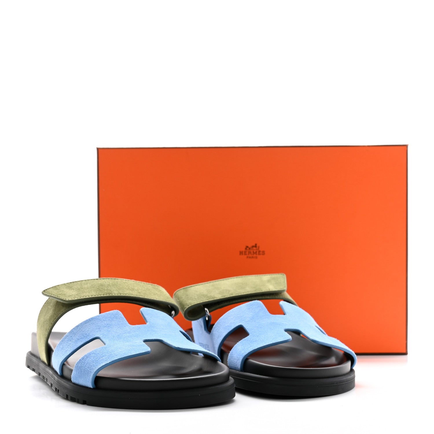 Hermes Suede Goatskin Womens Chypre Sandals 37 Bleu Cameo Vert 11 of 11