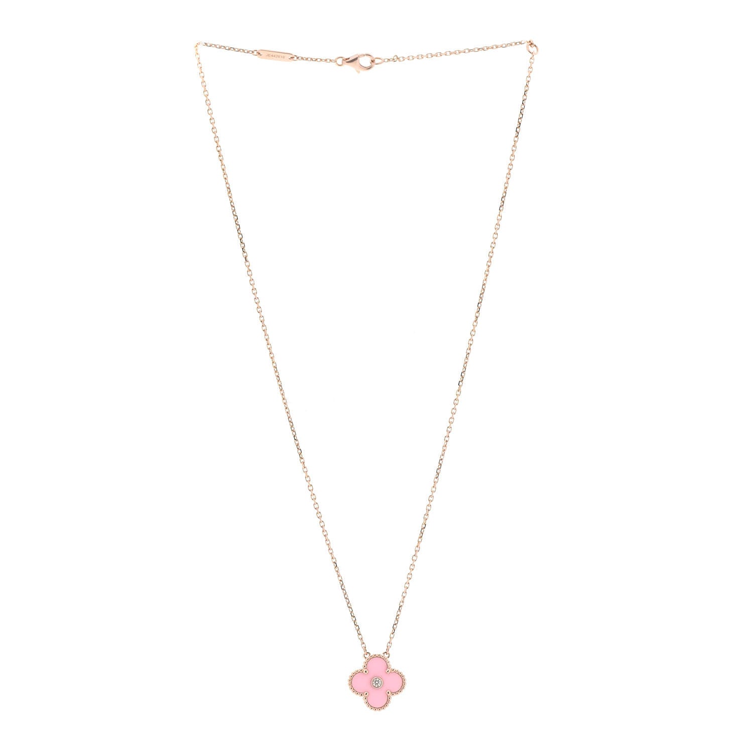 Van Cleef & Arpels 18K Rose Gold Diamond Pink Porcelain Vintage Alhambra Pendant Necklace 3 of 7