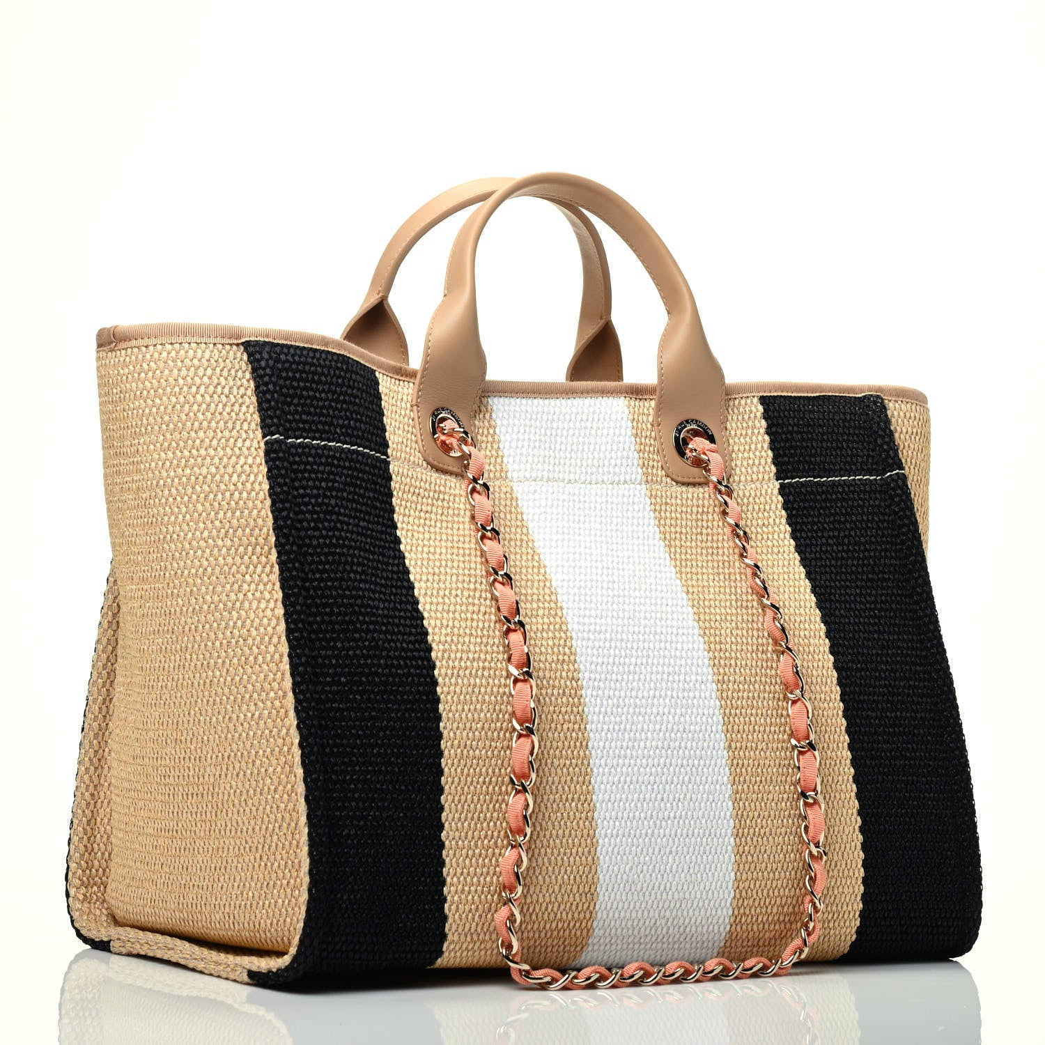 Chanel Straw Raffia Calfskin Striped Medium Deauville Tote Black Beige Ivory 6 of 18