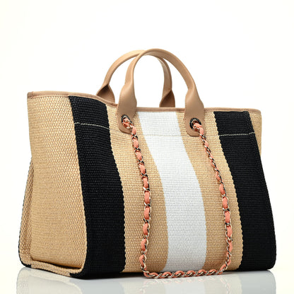 Chanel Straw Raffia Calfskin Striped Medium Deauville Tote Black Beige Ivory 6 of 18
