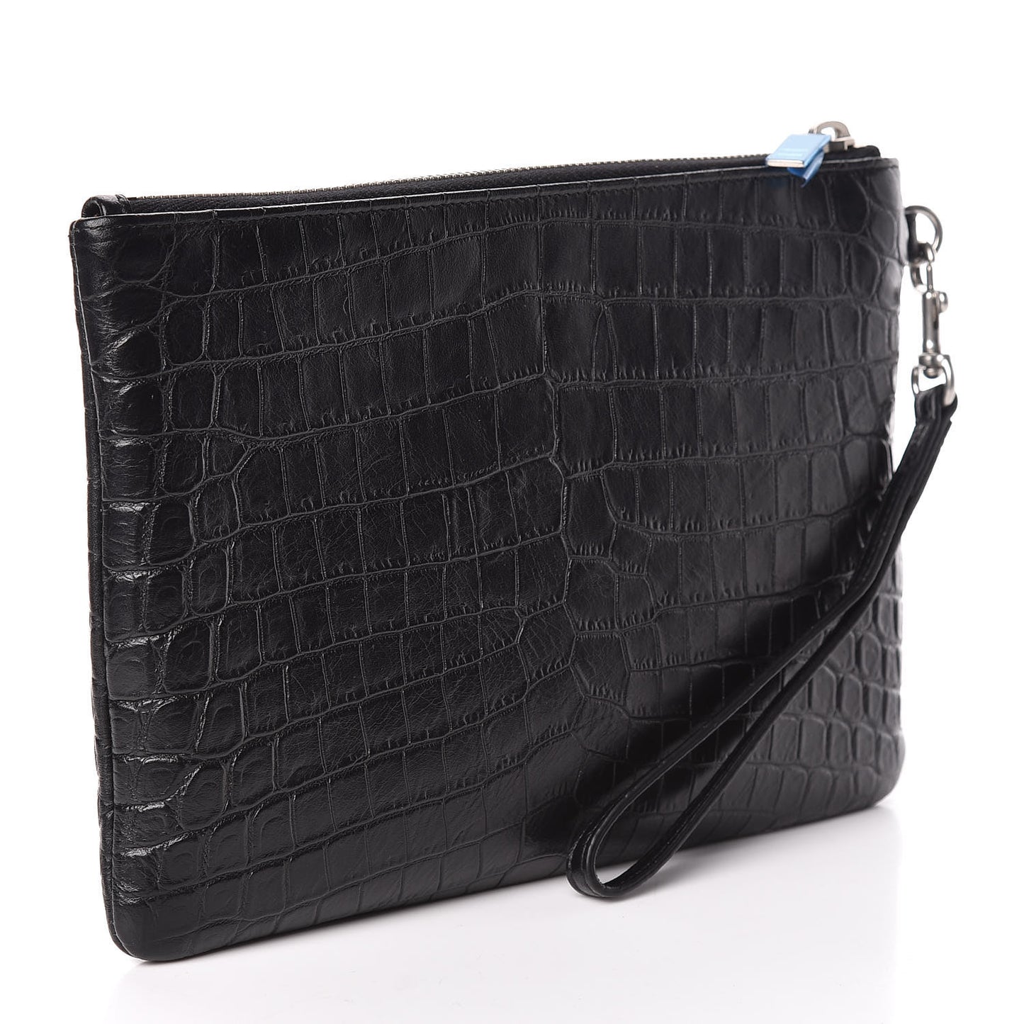 Calfskin Crocodile Embossed Monogram Zip Pouch Black