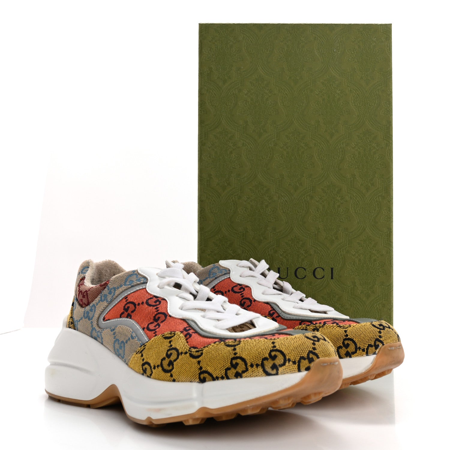 Gucci Monogram Multicolor Demetra Womens Rhyton Sneakers 39.5 Yellow Blue Great White Tabasco 16 of 16