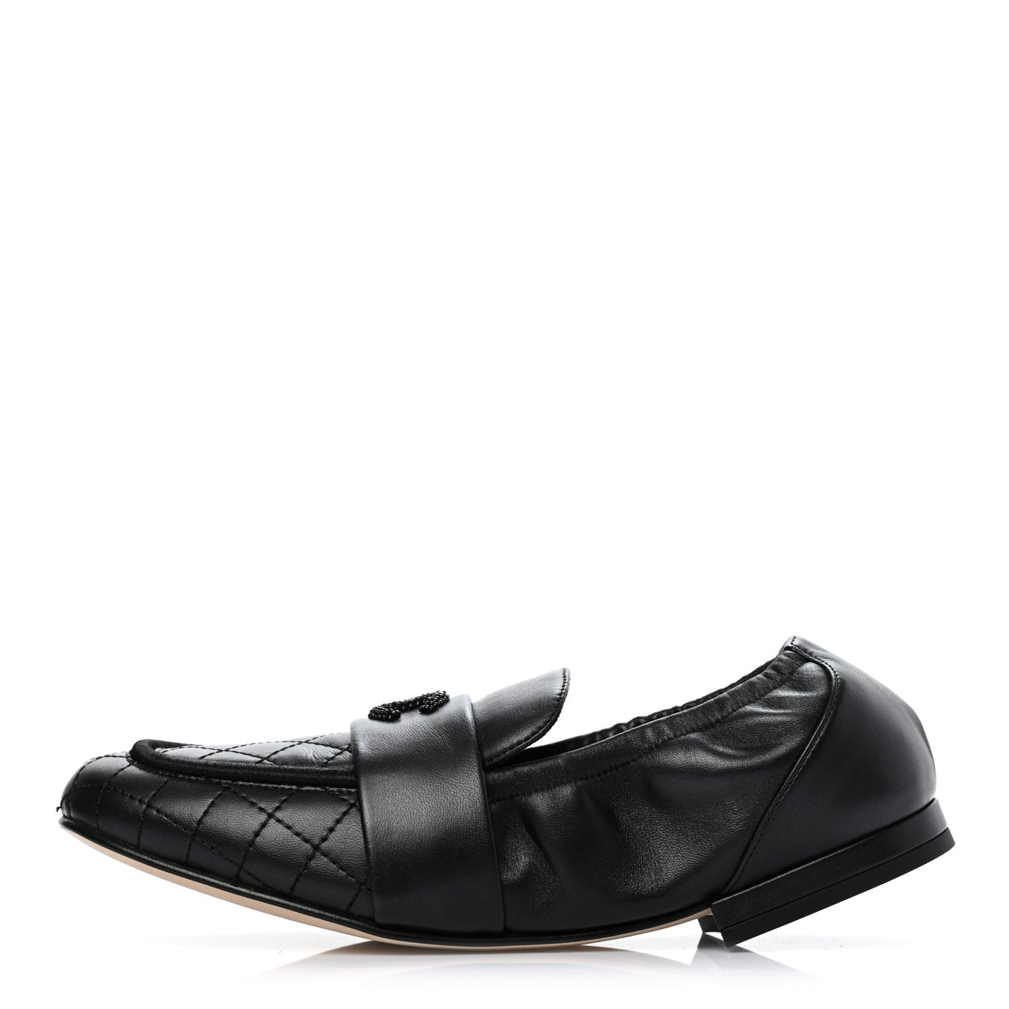 Laminated Lambskin Womens Quilted Elastic CC Moccasin Loafers 36 Black