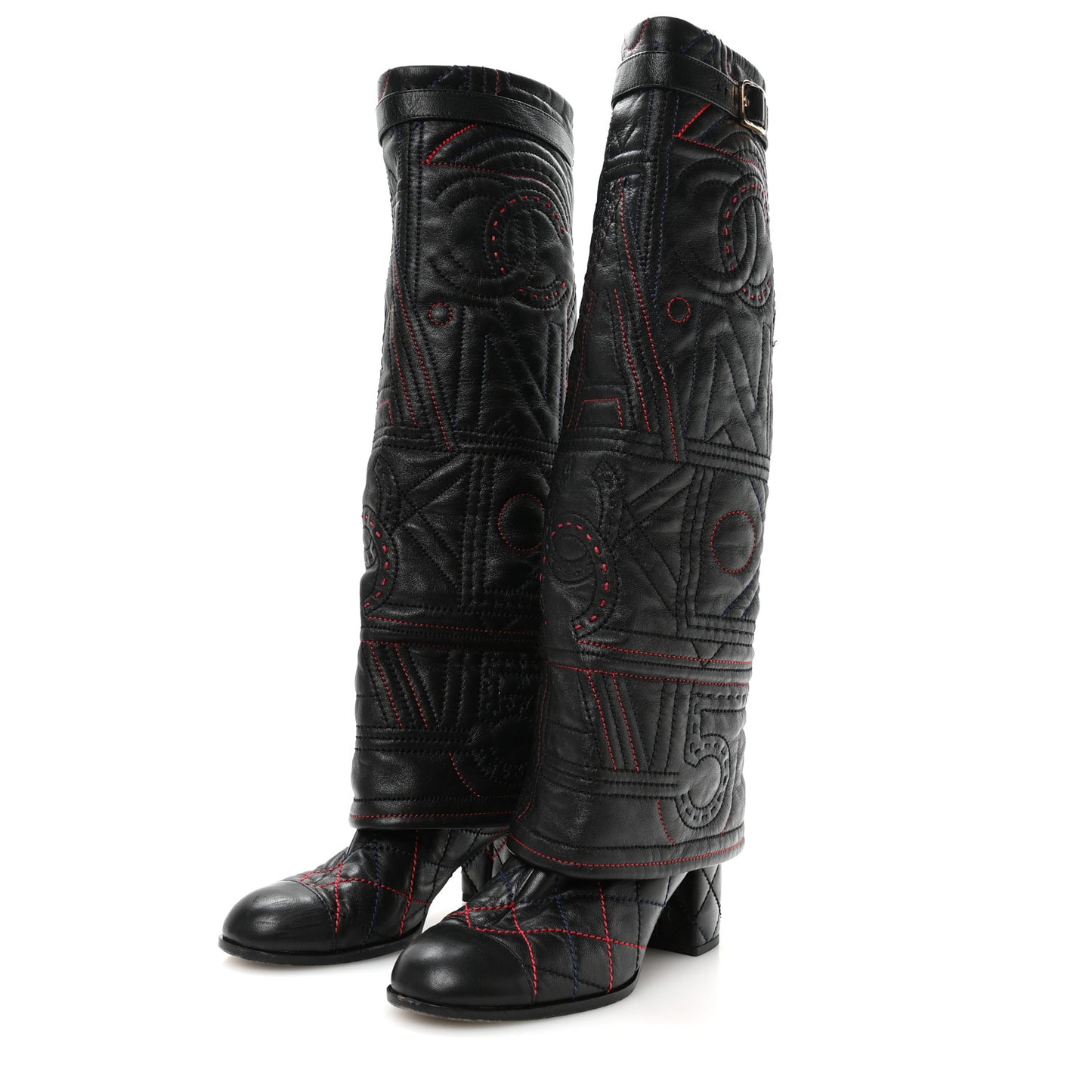 Lambskin Stitched Logo Fold Over High Boots 41 Black