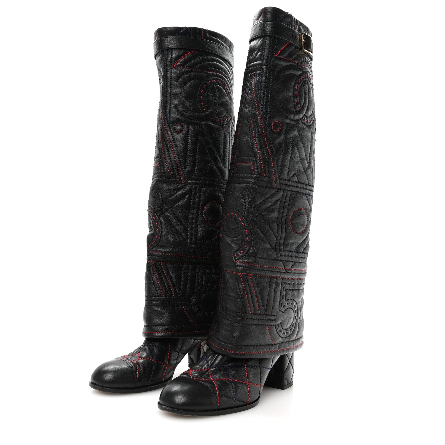Chanel Lambskin Stitched Logo Fold Over High Boots 41 Black 3 of 7