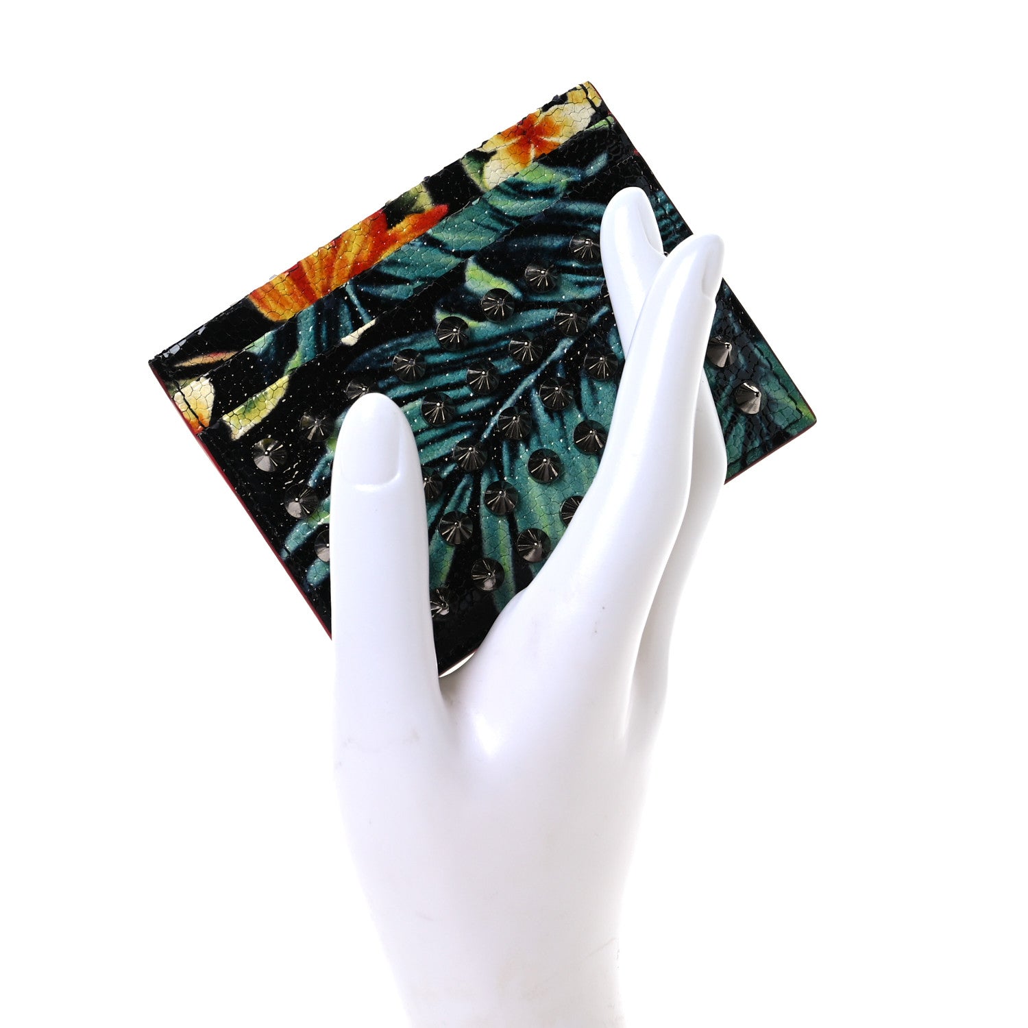 Christian Louboutin Crackled Calfskin Hawaii Print Paros Spikes Card Holder Black Gunmetal 2 of 8
