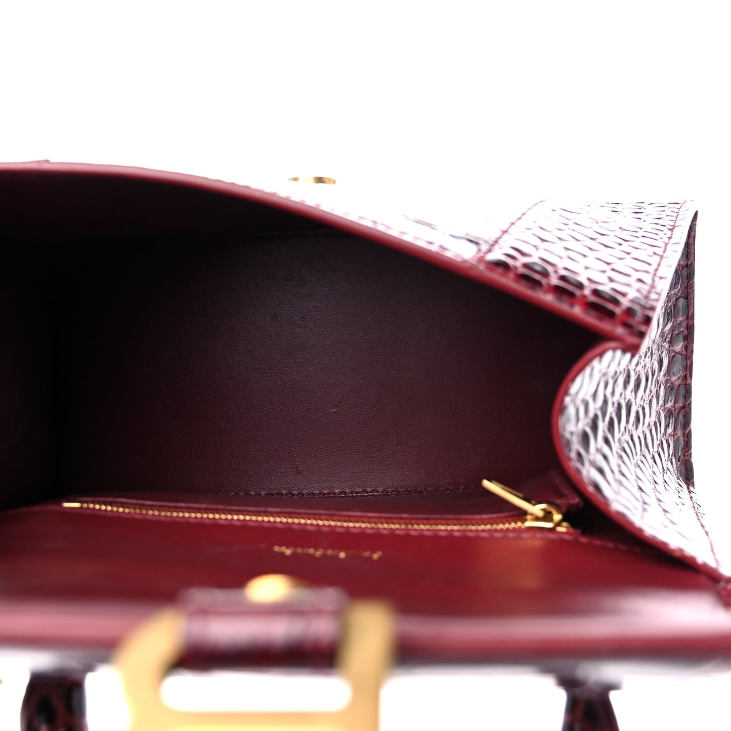 Shiny Calfskin Crocodile Embossed Small Hourglass Top Handle Bag Dark Red