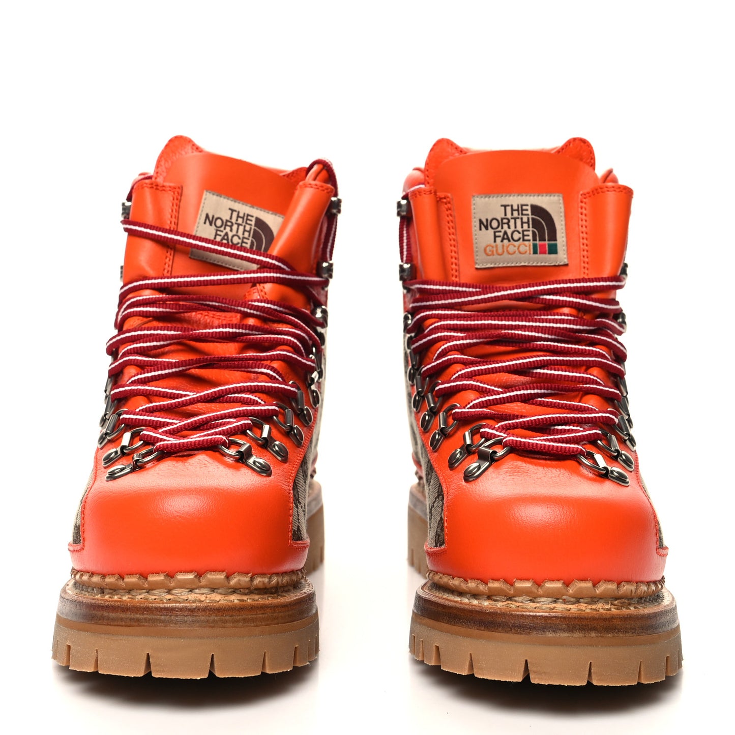 X THE NORTH FACE Monogram Textured Calfskin Hiking Ankle Boots 38.5 Beige Ebony Deep Orange