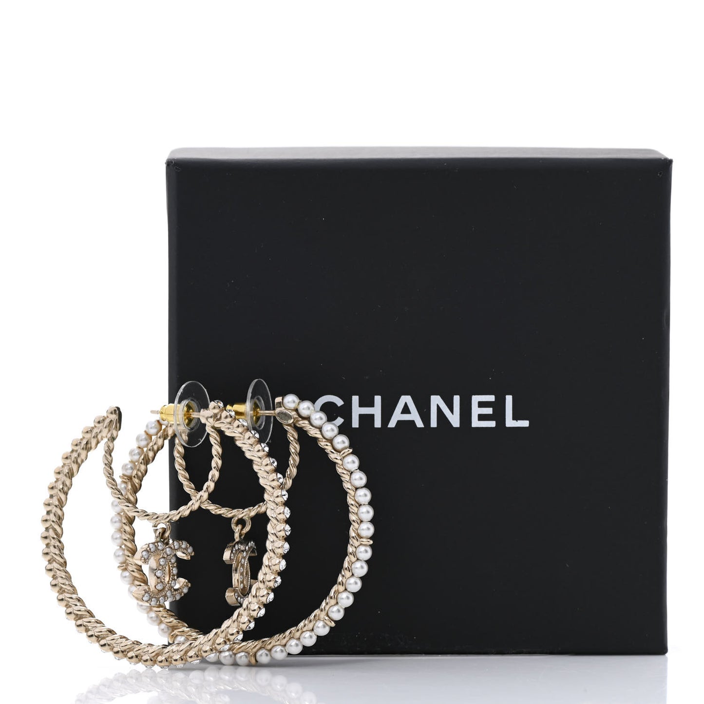Crystal Pearl CC Drop Hoop Earrings Gold Pearly White