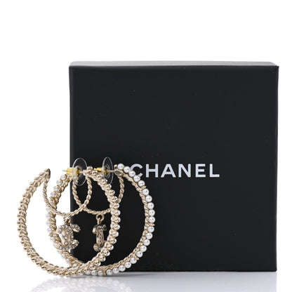 Chanel Crystal Pearl CC Drop Hoop Earrings Gold Pearly White 11 of 11