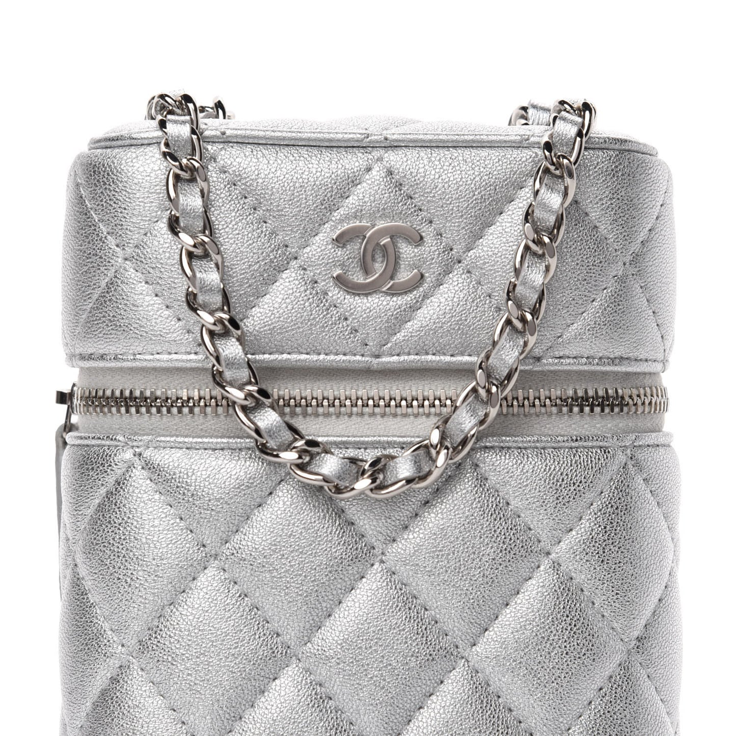 Metallic Lambskin Quilted Phone Holder With Chain Silver