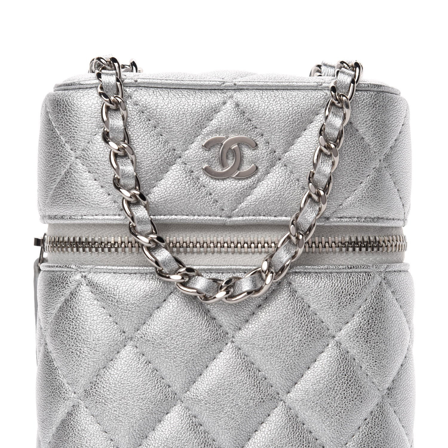 Chanel Metallic Lambskin Quilted Phone Holder With Chain Silver 10 of 10