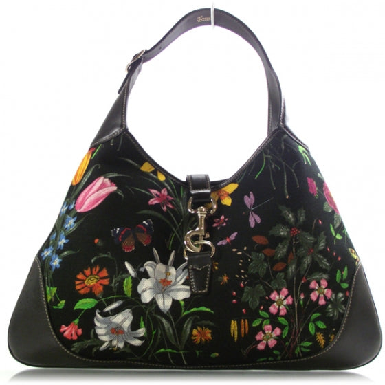Canvas Floral Flora Medium Jackie O Bouvier Hobo Black