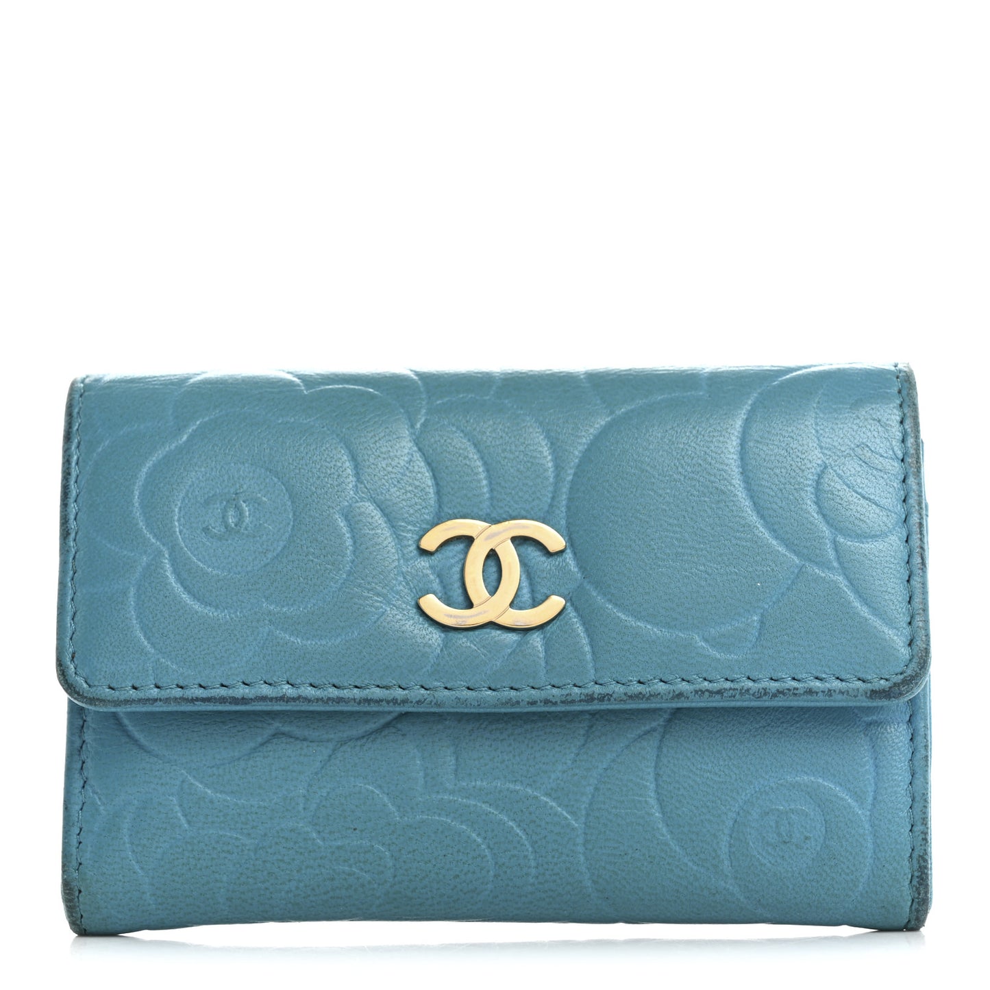 Lambskin Camellia Embossed Flap Card Holder Blue
