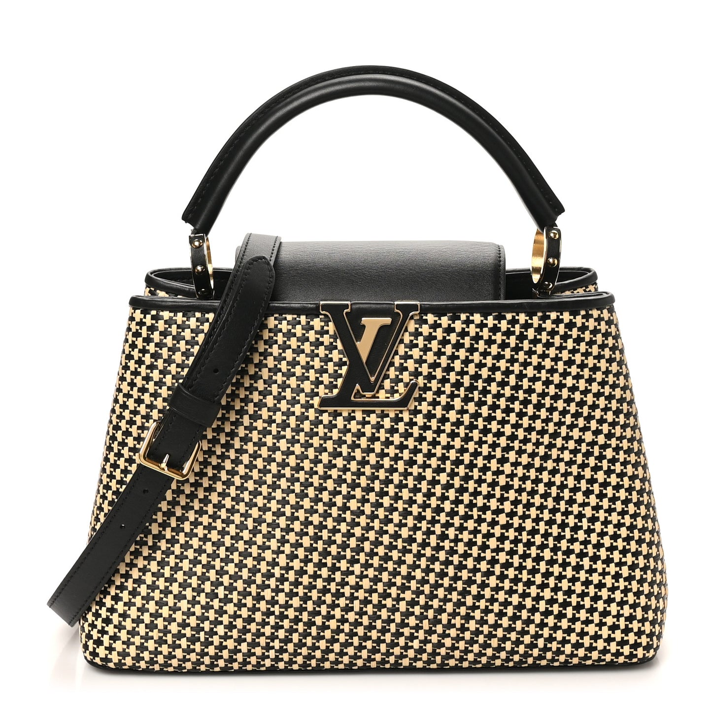 Raffia Calfskin Capucines MM Black Ecru
