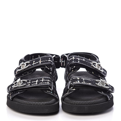 Chanel Tweed Lambskin Sandals 37 Black Multicolor 2 of 8