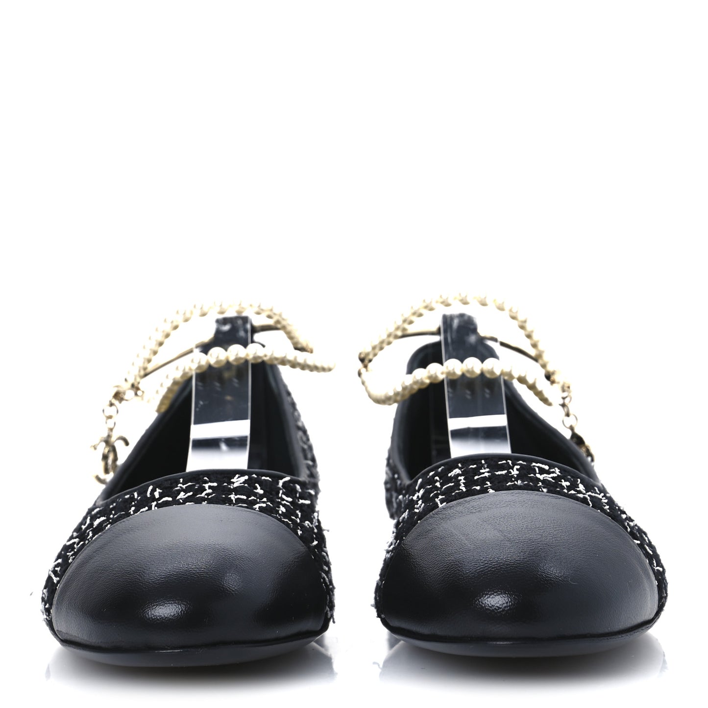 Tweed Lambskin Cap Toe Ankle Chain Ballerina Flats 39.5 Black White