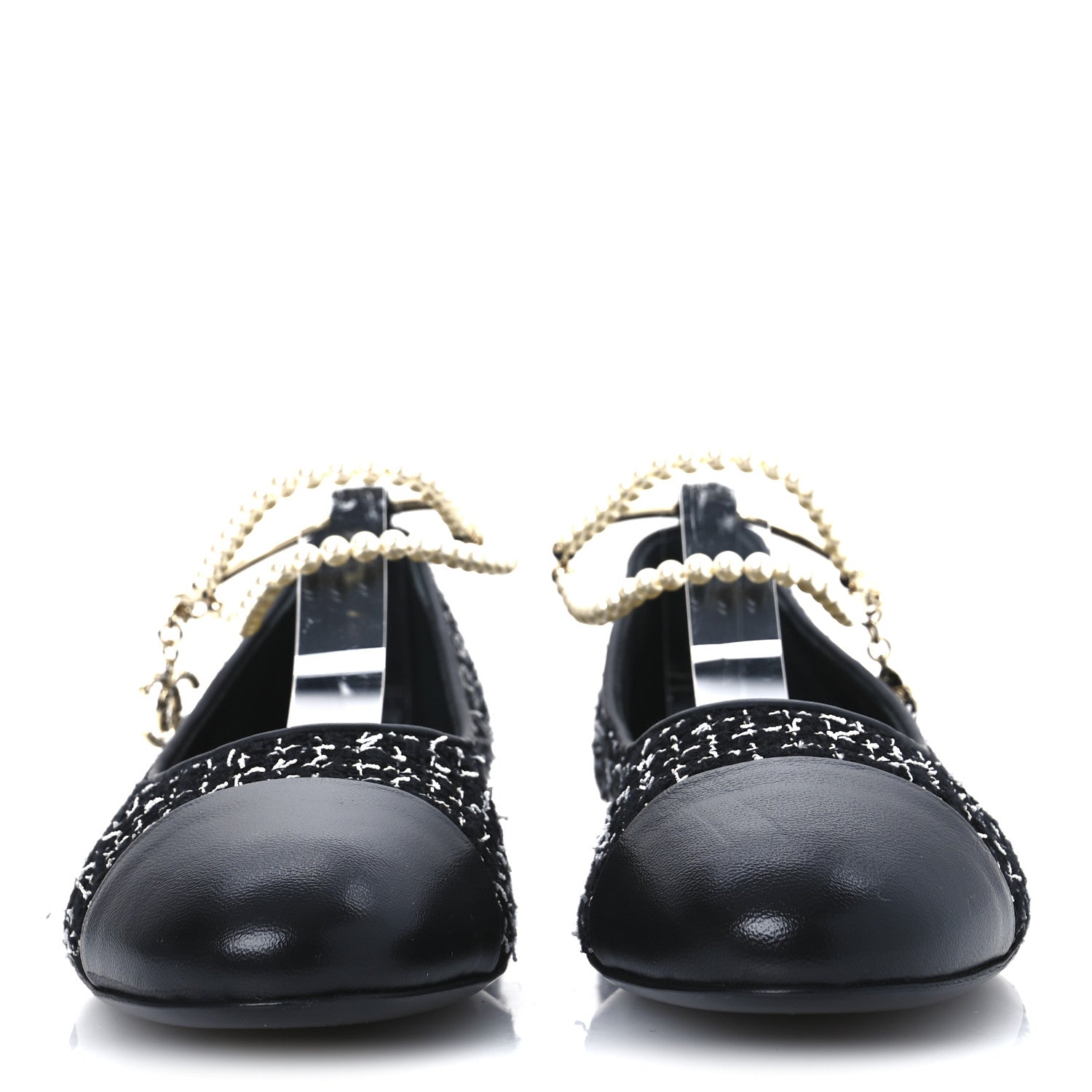 Chanel Tweed Lambskin Cap Toe Ankle Chain Ballerina Flats 39.5 Black White 3 of 10