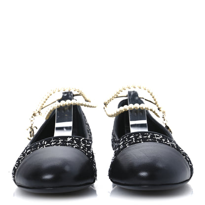 Chanel Tweed Lambskin Cap Toe Ankle Chain Ballerina Flats 39.5 Black White 3 of 10