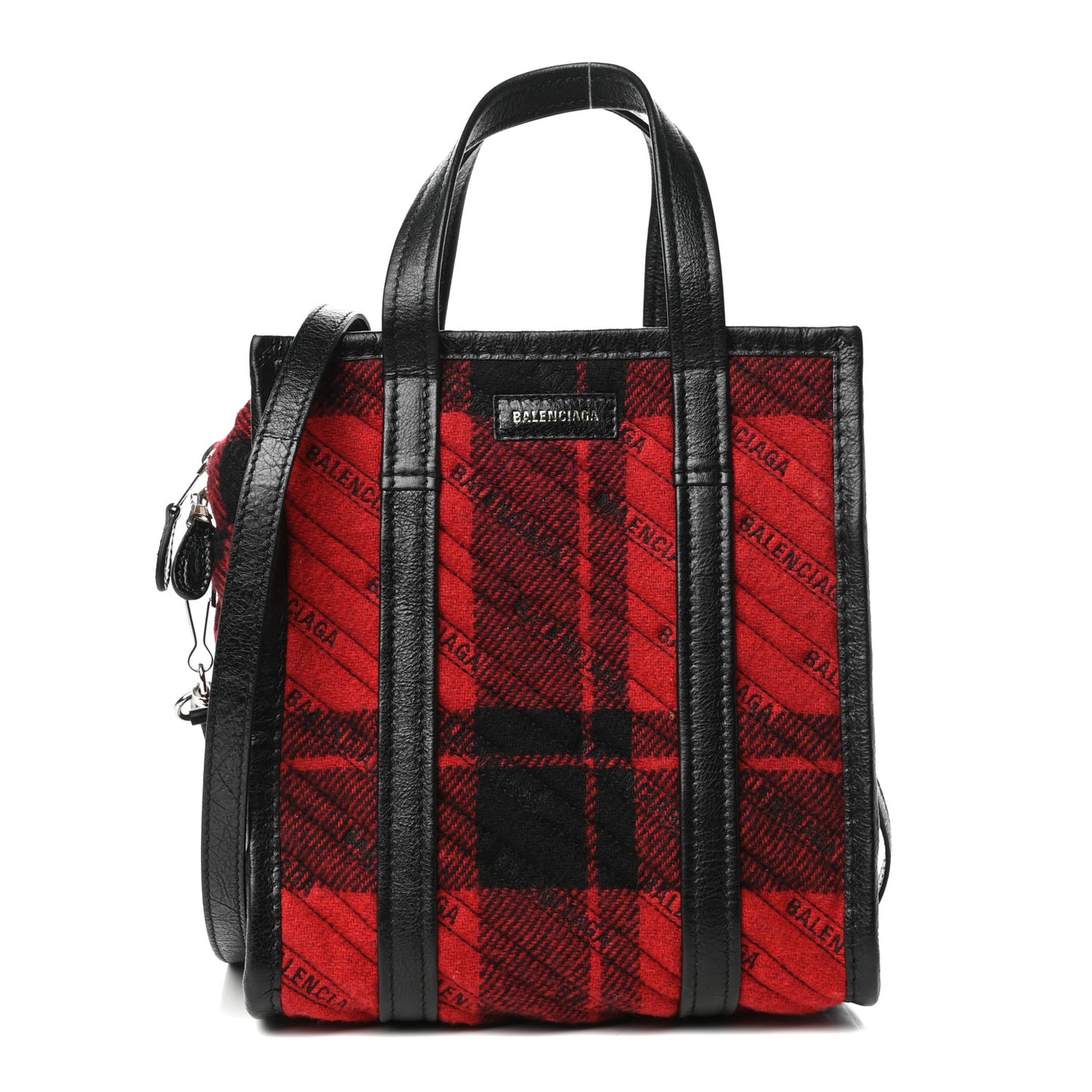 Wool Cuir Arena Plaid Diagonal Allover Logo Matelasse XS Bazar Shopper Tote Red Black