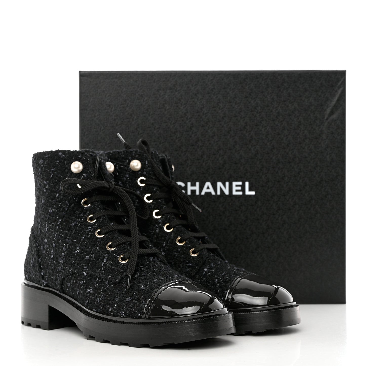 Tweed Patent Calfskin Pearl Combat Short Boots 39 Black Grey Blue